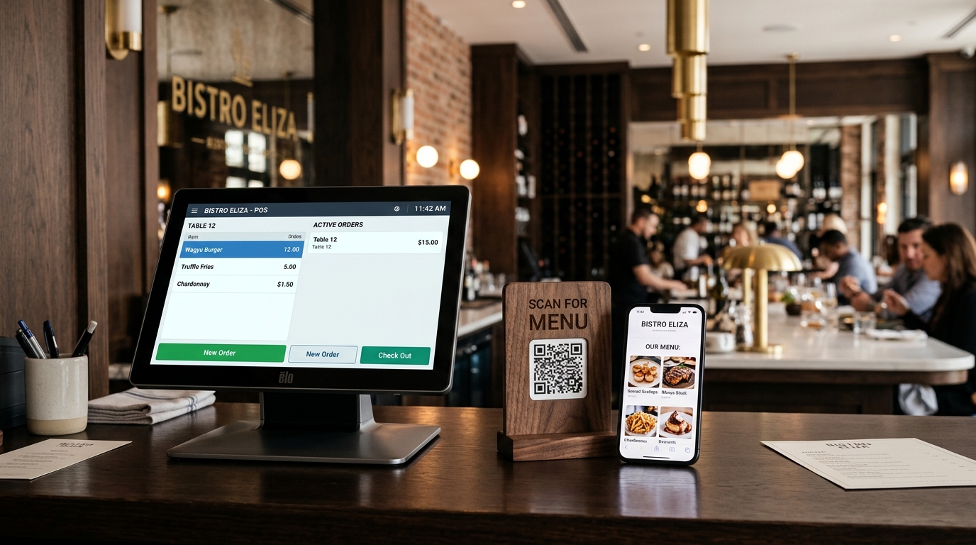 RestaFlex Modern POS Dokunmatik Terminal ve Ahşap Masa QR Kod Standı